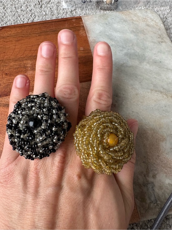 Jewelry - Set of 2 Beaded Statement Rings — Gold and Black